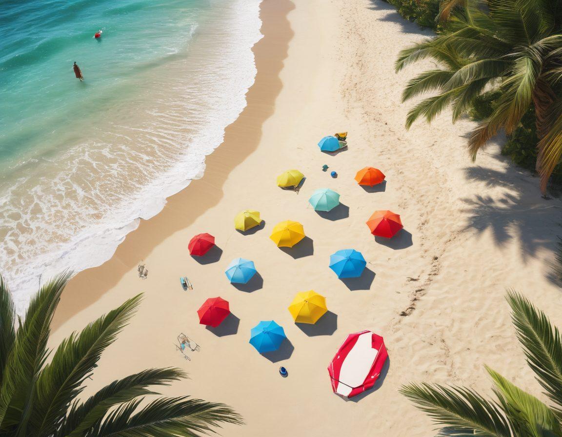A vibrant beach scene featuring models showcasing the latest bikini styles and swimwear trends, with colorful umbrellas, sun hats, and tropical plants in the background. The sun is shining brightly, and the ocean waves are softly crashing. Add playful beach accessories like surfboards and beach balls to create a lively atmosphere. super-realistic. vibrant colors. 3D.